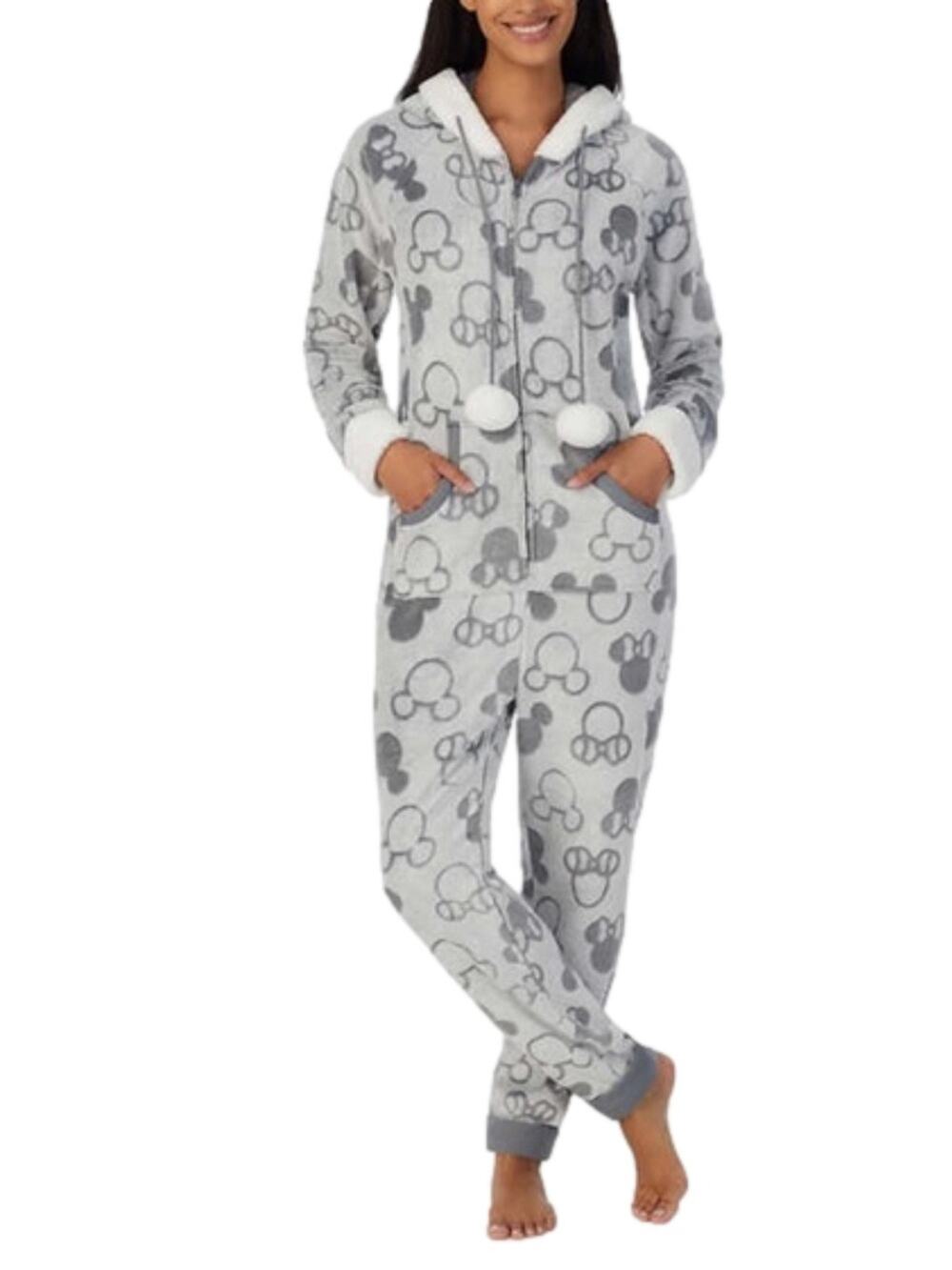 Disney Mickey Mouse Hooded Fleece One-Piece Pajama Grey White Size Large NWT